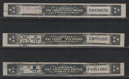 Lot 150 Canada Ryan#RP879, RP1170, RP1252 1/14lb, 2c on 1/14lb & 4c on 2c on 1/15lb Black, 1935-1942 Series C Tobacco Stamps, 3 VG/FOG Singles, Moderate Creasing On 1/14lb, Extensive Creasing On 1/15lb