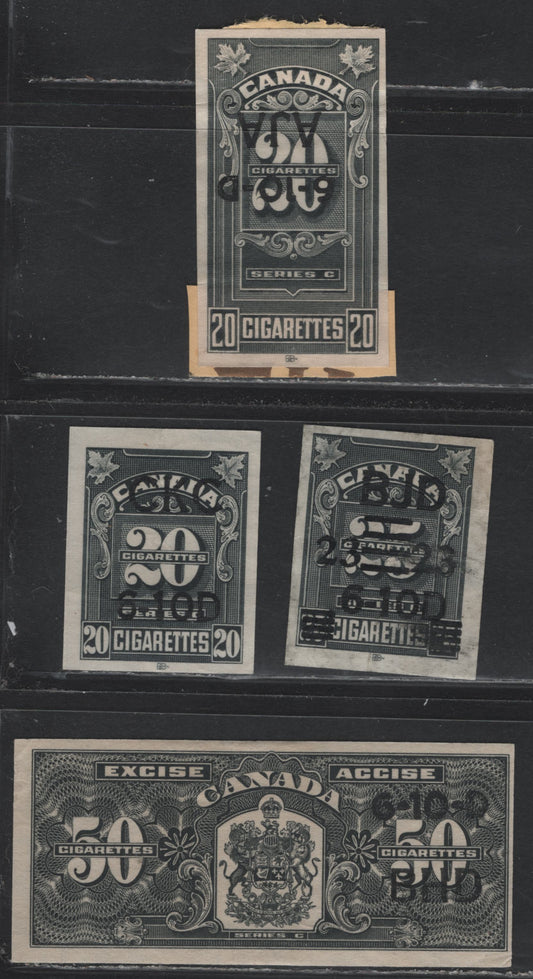 Lot 153 Canada Ryan#RC386, RC394, RC396, RC404 Black, 1935 Series C Cigarette Stamps, 3 Ungraded Singles, Series C, Tobacco Company Overprints, Usual Minor To Moderate Creases And Thins.
