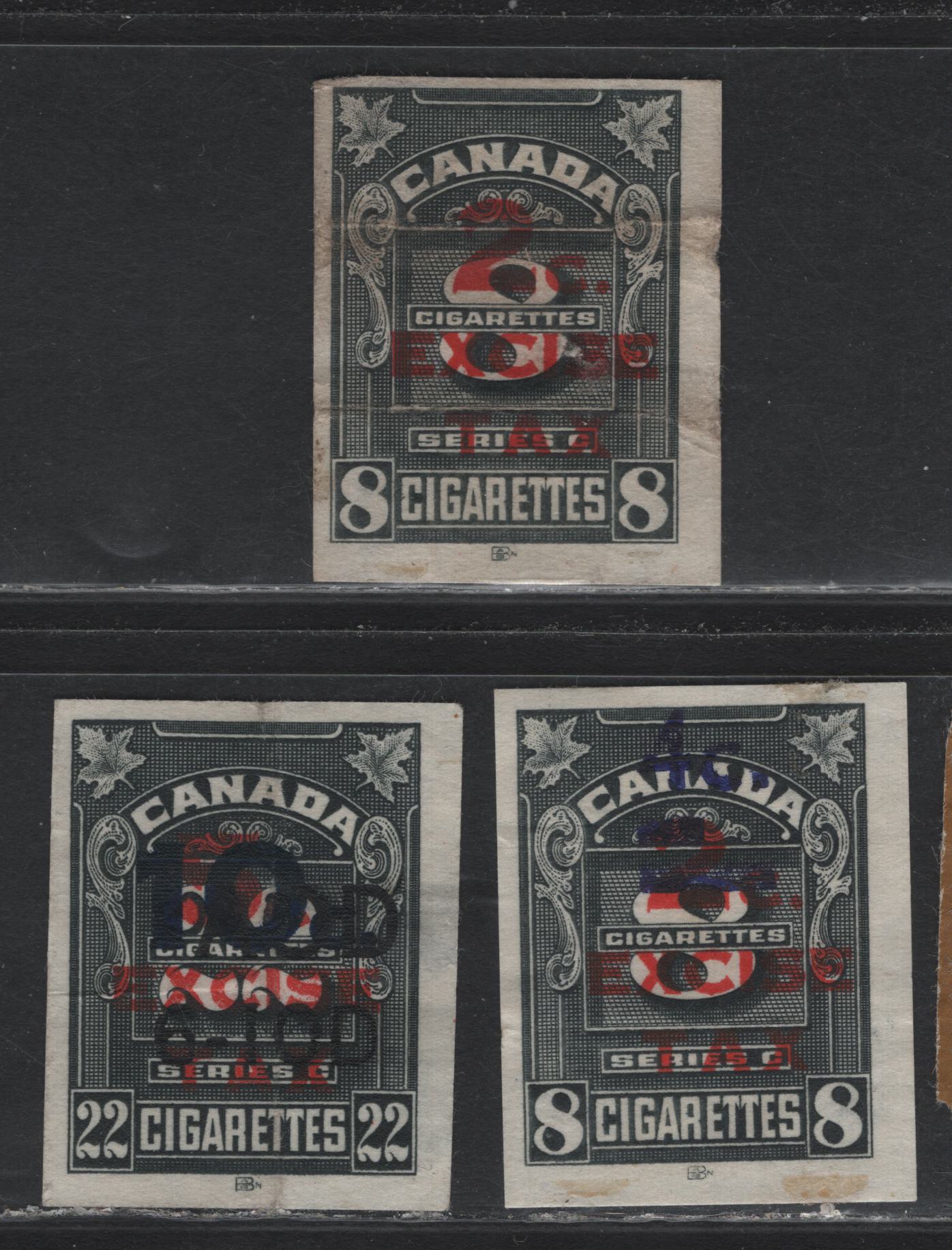 Lot 154 Canada Ryan#RC627, RC694, RC697 2c on 8, 4c on 8c on 8, 10c on 5c on 22 Black, 1942-1943 Overprinted Cigarette Duty Issue, 3 Ungraded Singles, Usual Light To Moderate Creases & Thins