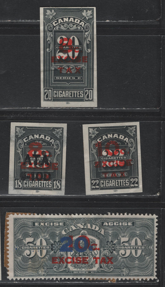 Lot 155 Canada Ryan#RC770, RC772, RC791, RC758 8c on 18, 10c on 22, 8c on 20 and 20c on 10c on 50c Black, 1943 Overprinted Cigarette Duty Issue, 4 Ungraded Singles, 10c on 22 is Wide-tax, Usual Moderate Creases & Thins, Oblong Stamp Has A Small Tear.