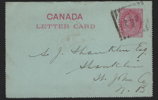 Lot 156 Canada (C) #UL8 3c Carmine, Maple Leaf Issue, A Very Fine Used Letter Card, Used In Saint John NB, Squared Circle Cancel Dated August 25 1898
