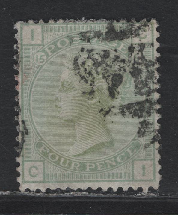 Lot 161 Great Britain (C) SG#153 4d Sage Green, 1873-1880 Queen Victoria Surface Printed Issue, A Fine Used Single, Plate 15, Large Garter Wmk, Average Cancel, Profile Mostly Clear & Color Is Decent, Large Colored Corner Letters.