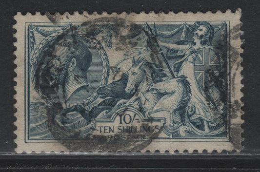 Lot 168 Great Britain (C) SG#417 10/- Dull Gray Blue, 1918-1919 Seahorses Issue, A Very Fine Used Single, Bradbury Wilkinson Printing, Heavy CDS Cancel