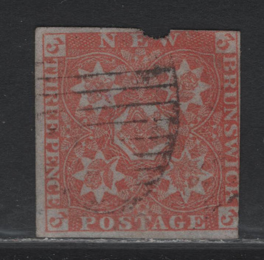 Lot 170 New Brunswick (C) #1c 3d Red, 1851 Pence Issue, A Fair Used Single, Moderate Grid Cancel (No Visible Number), Nick In Top At 'EW' & Two Back thins, 2 Large Margins, Large To Touching At Top, Clear To Just In At Right.
