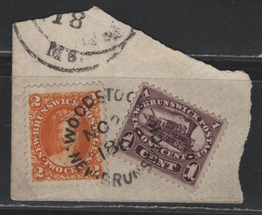 Lot 172 New Brunswick (C) #6-7 1c - 2c Red Lilac - Orange, 1860 Cents Issue, 2 Very Fine Used Singles On Piece, Perf 11.75 & 12x11.75, Tied By 1867 (Cant See The 7 Clearly) Woodstock New Brunswick Cancels, Very Hard To Find In VF Condition.