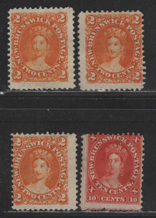 Lot 173 New Brunswick (C) #7, 9 2c - 10c Orange/Orange Yellow - Vermillion, 1860 Cents Issue, 4 Very Good/Fine Unused Singles, Cents-J & Cents-N Papers, Perfs 12x11.75, The 10c Has A Vertical Guideline