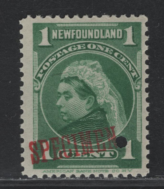 Lot 178 Newfoundland (C) #80 1c Yellow Green, 1897-1901 Royal Family Issue, A VGNH Single, Specimen Overprint, Security Punch Hole, ABNN-T Paper, There Is A Very Tiny Tear At UR Inside A Perf Hole.