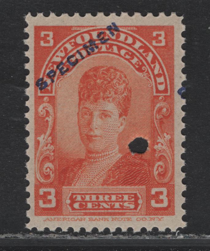 Lot 180 Newfoundland (C) #93s 3c Orange, 1897-1901 Royal Family Issue, A VFNH Single, Specimen Overprint, Security Punch Hole, ABNN-C Paper.