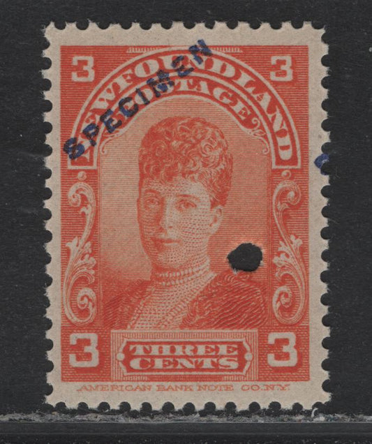 Lot 180 Newfoundland (C) #93s 3c Orange, 1897-1901 Royal Family Issue, A VFNH Single, Specimen Overprint, Security Punch Hole, ABNN-C Paper.
