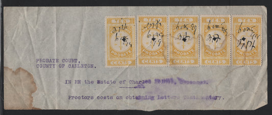 Lot 18 Canada - New Brunswick Van Dam#NBP1 10c Lemon Yellow, 1895-1915 First Probate Issue, 5 Good Used Singles On Document, Ratty But Extremely Rare Part Estate Document, Significant Water Stains, Creases Unfortunately Affect All But Last Stamp.