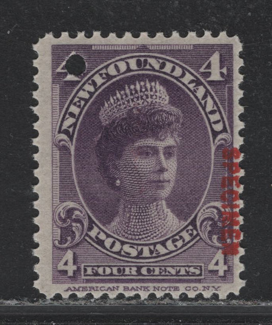 Lot 181 Newfoundland (C) #84s 4c Violet, 1897-1901 Royal Family Issue, A FNH Single, Specimen Overprint, Security Punch Hole, ABNN-T Paper.