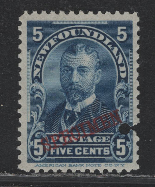 Lot 182 Newfoundland (C) #85s 5c Blue, 1897-1901 Royal Family Issue, A VFNH Single, Specimen Overprint, Security Punch Hole, ABNN-P Paper.