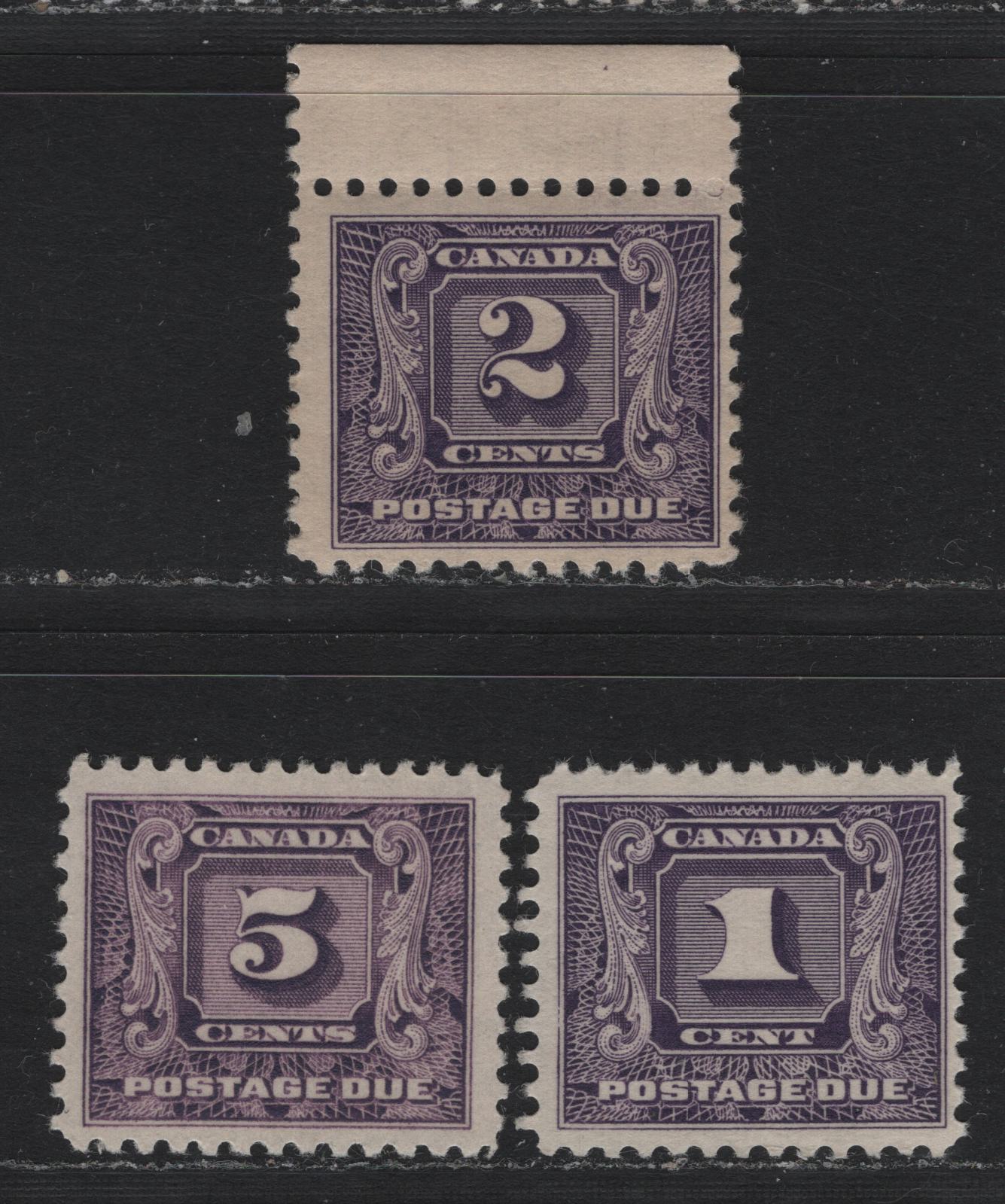 Lot 188 Canada #J6-J7, J9i 1c - 5c Bluish Violet - Reddish Violet, 1930-1932 2nd Postage Dues, 3 FNH Singles, BABN-GG (1c), BABN-FF (2c) & BABN-D (5c) Papers