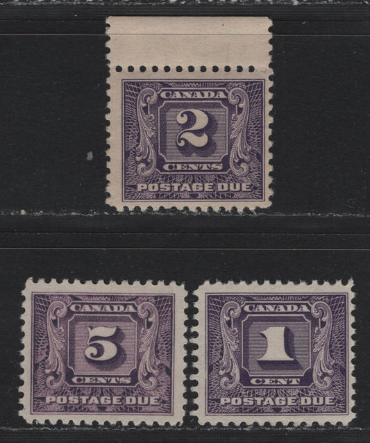 Lot 188 Canada #J6-J7, J9i 1c - 5c Bluish Violet - Reddish Violet, 1930-1932 2nd Postage Dues, 3 FNH Singles, BABN-GG (1c), BABN-FF (2c) & BABN-D (5c) Papers