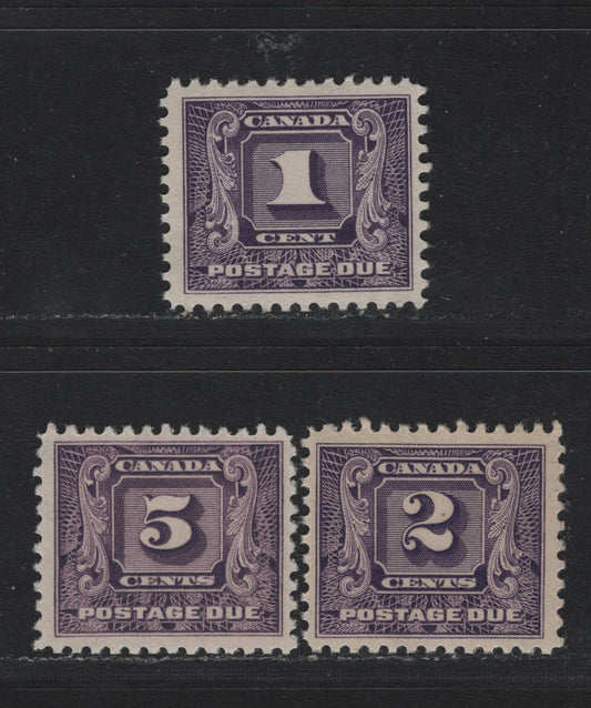 Lot 189 Canada #J6-J7, J9i 1c - 5c Bluish Violet - Reddish Violet, 1930-1932 2nd Postage Dues, 3 FNH Singles, BABN-GG (1c) & BABN-D (2c & 5c) Papers