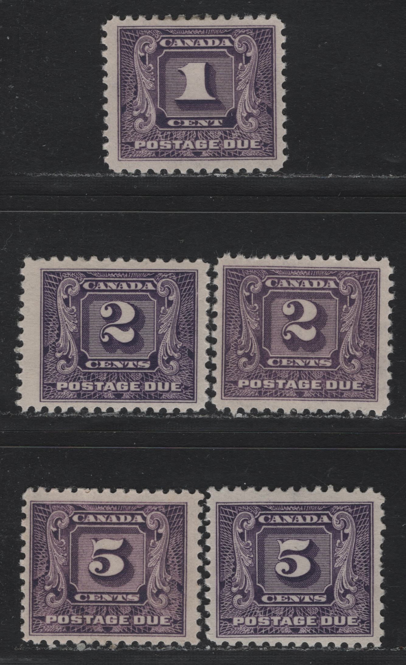 Lot 190 Canada #J6, J7,I, J9,i 1c - 5c Bluish Violet - Reddish Violet, 1930-1932 2nd Postage Dues, 5 FOG Singles, BABN-D (2c & 5c), BABN-DDD (1c) & BABN-GG (5c & 2c Bluish Violet) Papers