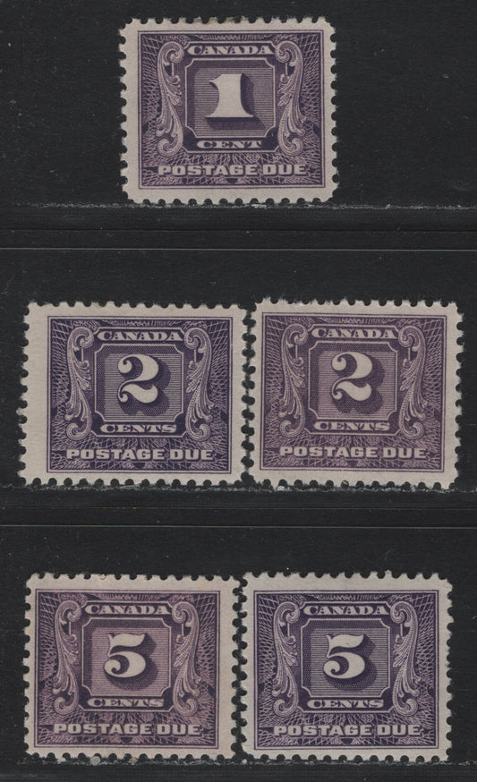 Lot 190 Canada #J6, J7,I, J9,i 1c - 5c Bluish Violet - Reddish Violet, 1930-1932 2nd Postage Dues, 5 FOG Singles, BABN-D (2c & 5c), BABN-DDD (1c) & BABN-GG (5c & 2c Bluish Violet) Papers