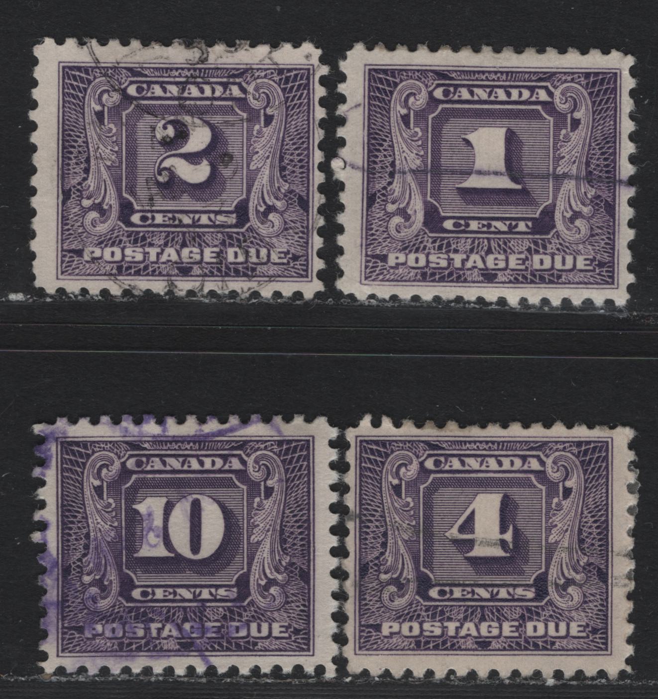 Lot 191 Canada #J6-J8, J10 1c - 10c Bluish Violet, 1930-1932 2nd Postage Dues, 4 Fine Used Singles, Various Papers, Unchecked As To Specifics