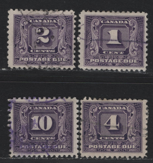 Lot 191 Canada #J6-J8, J10 1c - 10c Bluish Violet, 1930-1932 2nd Postage Dues, 4 Fine Used Singles, Various Papers, Unchecked As To Specifics