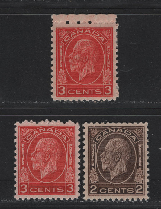 Lot 195 Canada #196-197,c 2c - 3c Dark Brown - Golden Scarlet, 1932 KGV Medallion Issue, 3 VFOG/NH Singles, BABN-RR (2c) & BABN-UU (3c) Papers, Perfs 10.9 & 11.1x10.9