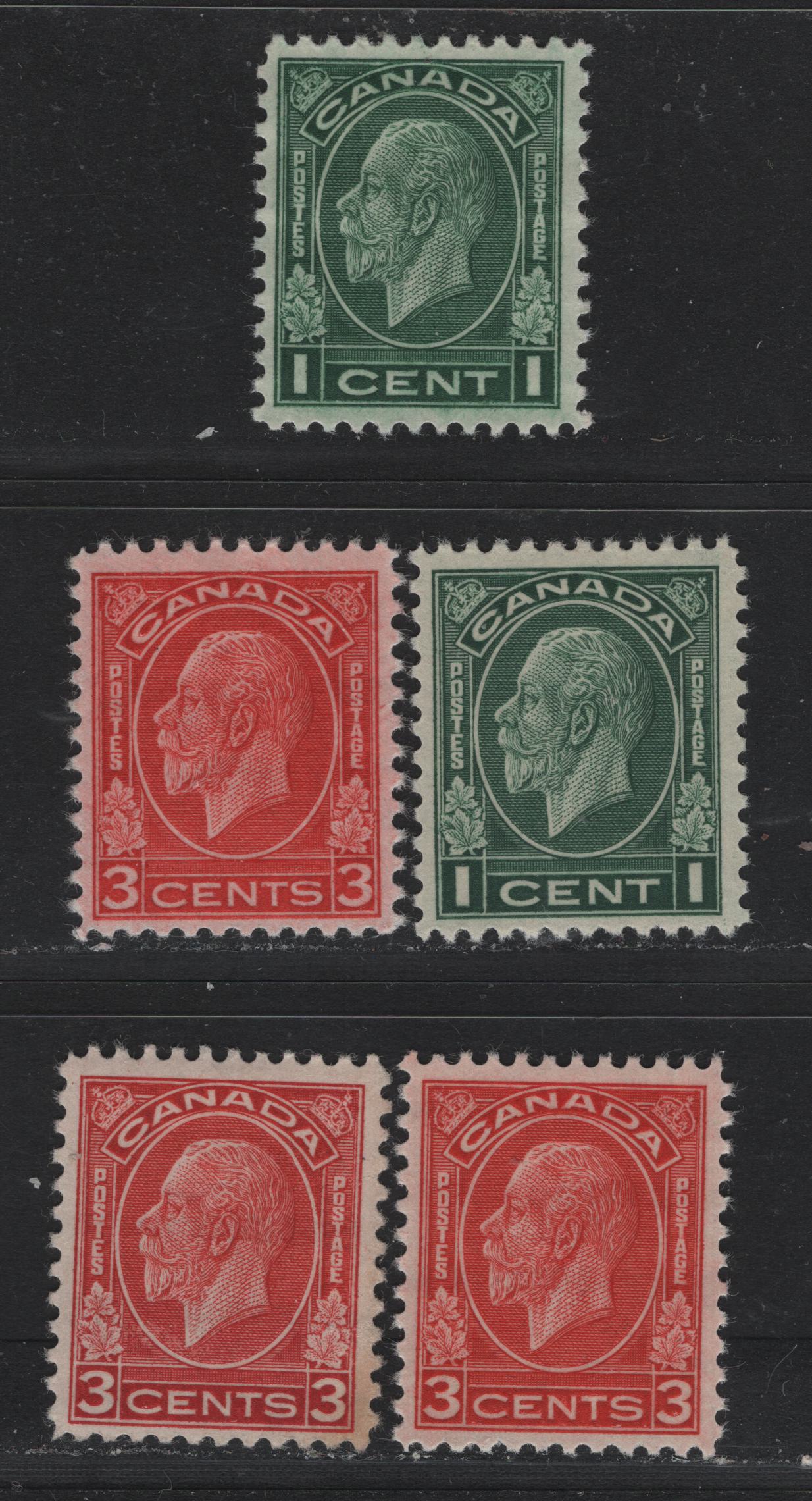 Lot 196 Canada #195, 197,c 1c - 3c Myrtle Green - Bright Scarlet, 1932 KGV Medallion Issue, 6 VFOG Singles, BABN-G, BABN-UU & BABN-S Papers, Scarlet Is Die 1 & Bright Scarlet Is Die 2, Perfs Not Checked As To Exact Measurements.