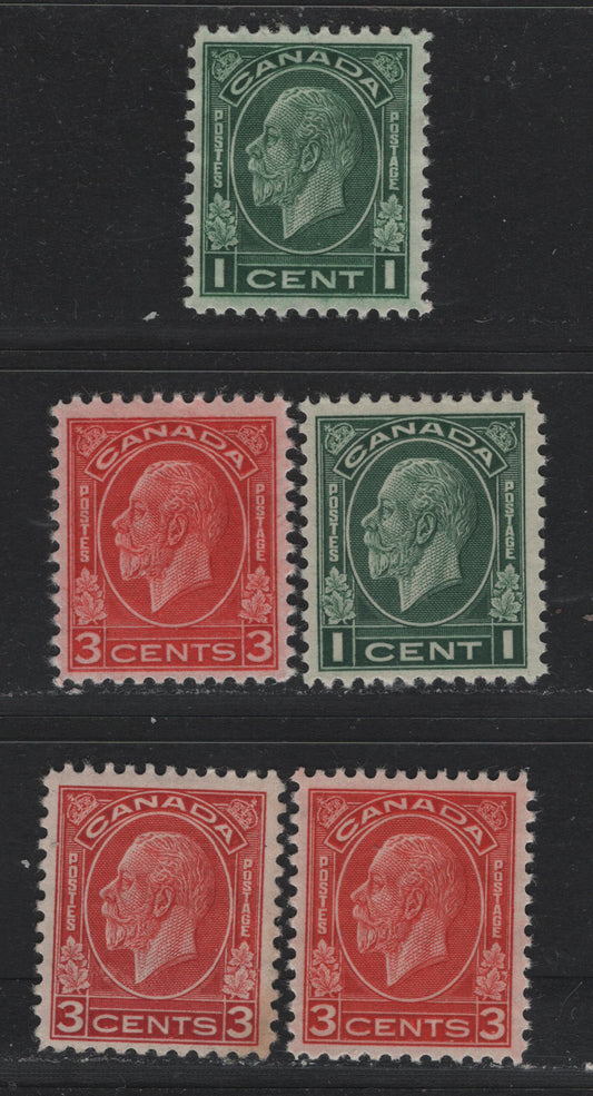 Lot 196 Canada #195, 197,c 1c - 3c Myrtle Green - Bright Scarlet, 1932 KGV Medallion Issue, 6 VFOG Singles, BABN-G, BABN-UU & BABN-S Papers, Scarlet Is Die 1 & Bright Scarlet Is Die 2, Perfs Not Checked As To Exact Measurements.