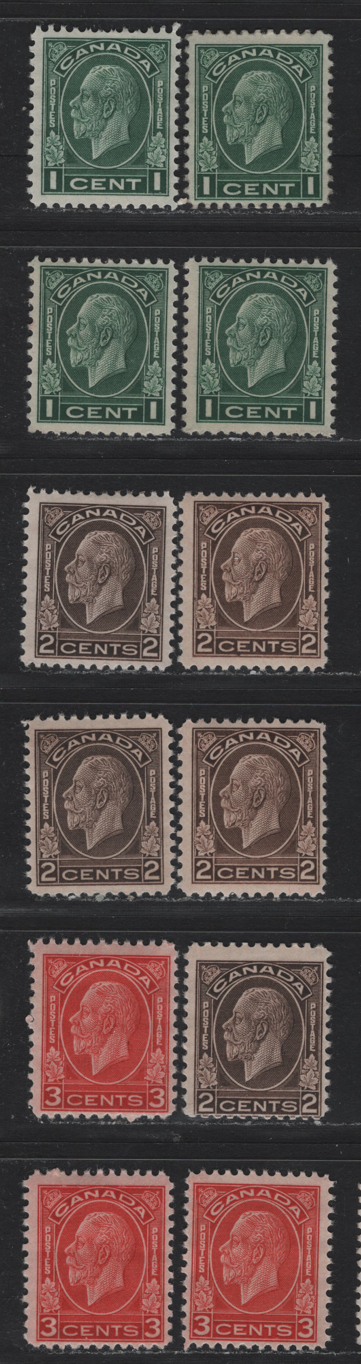 Lot 197 Canada #195-197 1c - 3c Myrtle Green - Golden Scarlet, 1932 KGV Medallion Issue, 11 FOG Singles, All On Different Papers Or In Different Shades, Unchecked As To Specifics, 3c Shades Are All Die 1.