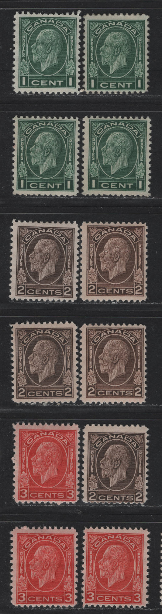 Lot 197 Canada #195-197 1c - 3c Myrtle Green - Golden Scarlet, 1932 KGV Medallion Issue, 11 FOG Singles, All On Different Papers Or In Different Shades, Unchecked As To Specifics, 3c Shades Are All Die 1.