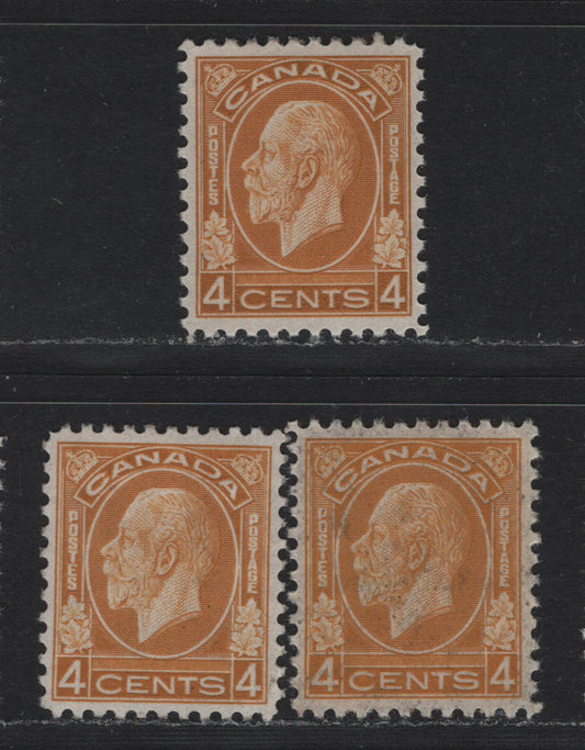 Lot 198 Canada #198 4c Yellow Ochre & Ochre, 1932 KGV Medallion Issue, 3 VFOG Singles, BABN-VV & BABN-B Papers, Perfs 10.9 & 10.8, The Yellow Ochre On BABN-UU Has Only A Trace Of Gum.
