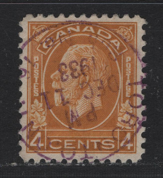 Lot 200 Canada #198 4c Ochre Yellow, 1932 KGV Medallion Issue, A Fine Used Single, SON December 11 1933 Toronto CDS Cancel, Light Diagonal Corner Crease At UL