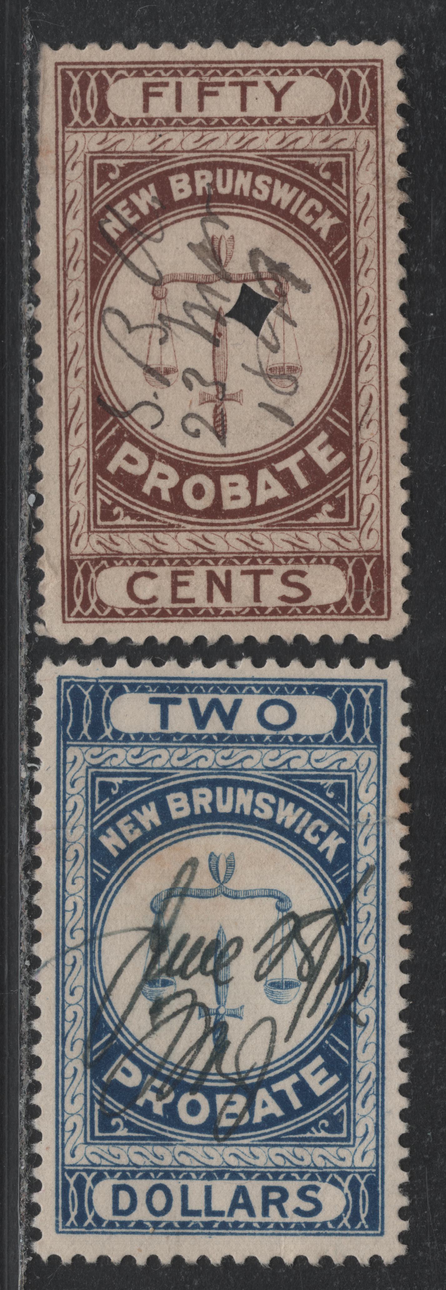 Lot 20 Canada - New Brunswick Van Dam#NBP3-NBP4 50c - $2 Brown - Blue, 1895-1915 First Probate Issue, 2 Good/Very Good Used Singles, Both With Horizontal Creases, Perf 11.75
