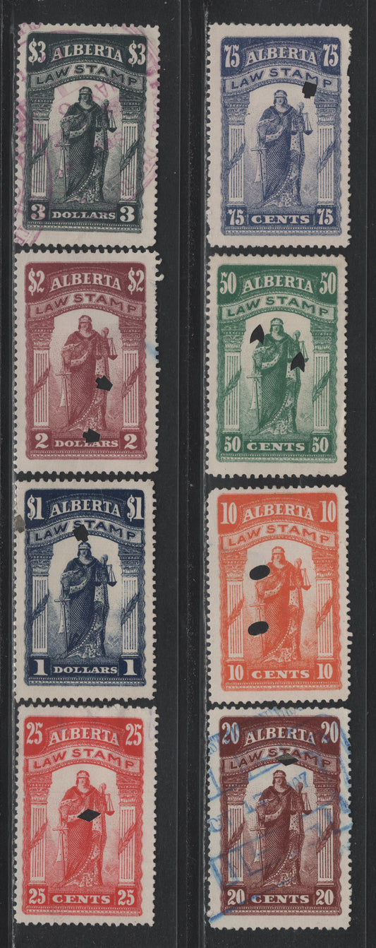 Lot 2 Canada - Alberta Van Dam#AL18-AL25 10c - $3 Orange - Greenish Black, 1907-1910 Justice Standing Legal Issue, 8 Fine/Very Fine Used Singles, Province Of Alberta