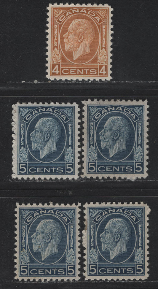 Lot 201 Canada #198-199 4c - 5c Brownish Ochre - Bright Blue, 1932 KGV Medallion Issue, 5 VFOG Singles, BABN-XX (4c), BABN-P (5c Dull Blue) & BABN-VV (Bright Blue) Papers, Unchecked As To Perfs