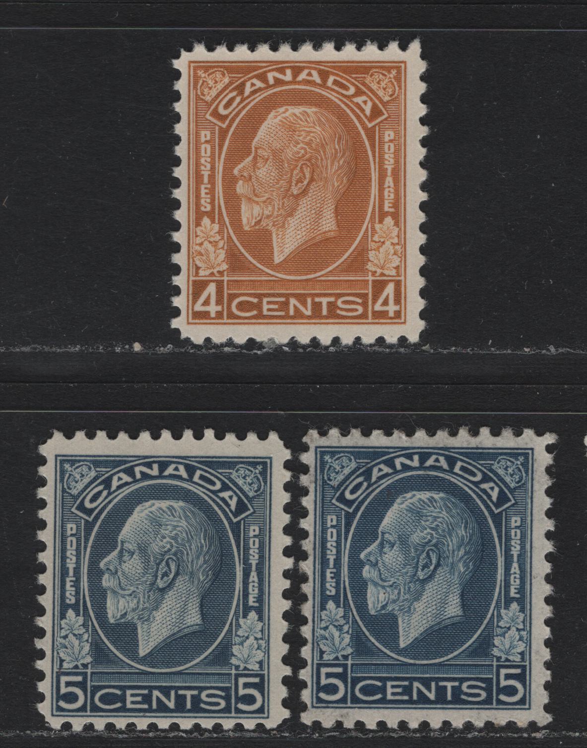 Lot 202 Canada (C) #198i, 199 4c - 5c Brownish Ochre - Dull Blue, 1932 KGV Medallion Issue, 3 FOG Singles, BABN-II (4c) & BABN-B (5c Bright Blue) & BABN-XX (5c Dull Blue) Papers, Unchecked As To Perfs
