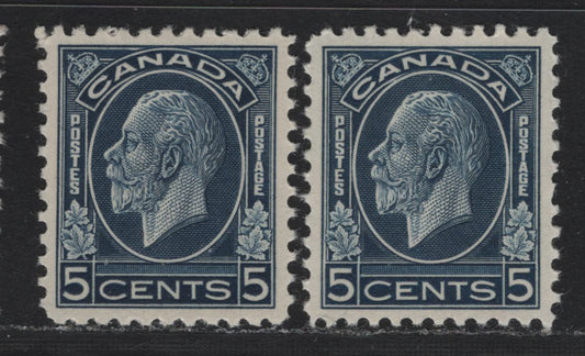 Lot 203 Canada #199 5c Deep Dull Blue, 1932 KGV Medallion Issue, 2 VFOG Singles, BABN-XX Paper, Perfs 10.7x10.8 & 10.8