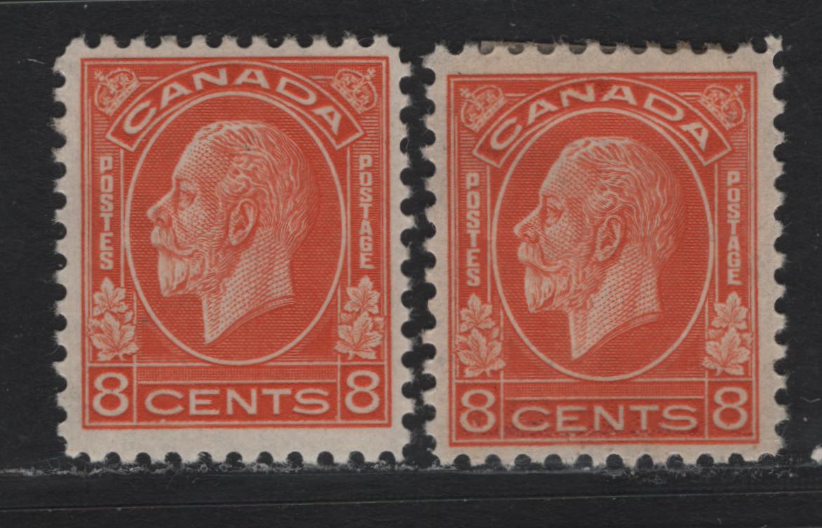 Lot 206 Canada #200 8c Deep Orange, 1932 KGV Medallion Issue, 2 FOG Singles, BABN-VV Paper, Perfs 10.9 & 10.8