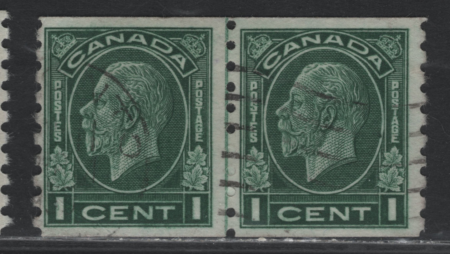 Lot 221 Canada #205i 1c Bluish Green, 1933 KGV Medallion Coil Issue, A Fine Used Coil Line Pair, Unchecked Paper, 3.5mm Spacing Between Stamp Impressions