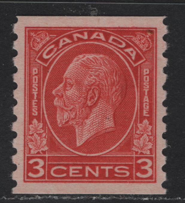 Lot 226 Canada #207 3c Bright Scarlet, 1933 KGV Medallion Coil Issue, A VFOG Coil Single, BABN-A Paper
