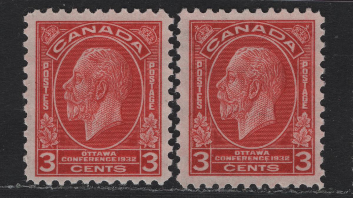 Lot 227 Canada #192 3c Scarlet - Bright Scarlet, 1932 Imperial Economic Conference Issue, 2 VFNH Coil Singles, BABN-M Paper, Perf 11.1x10.8