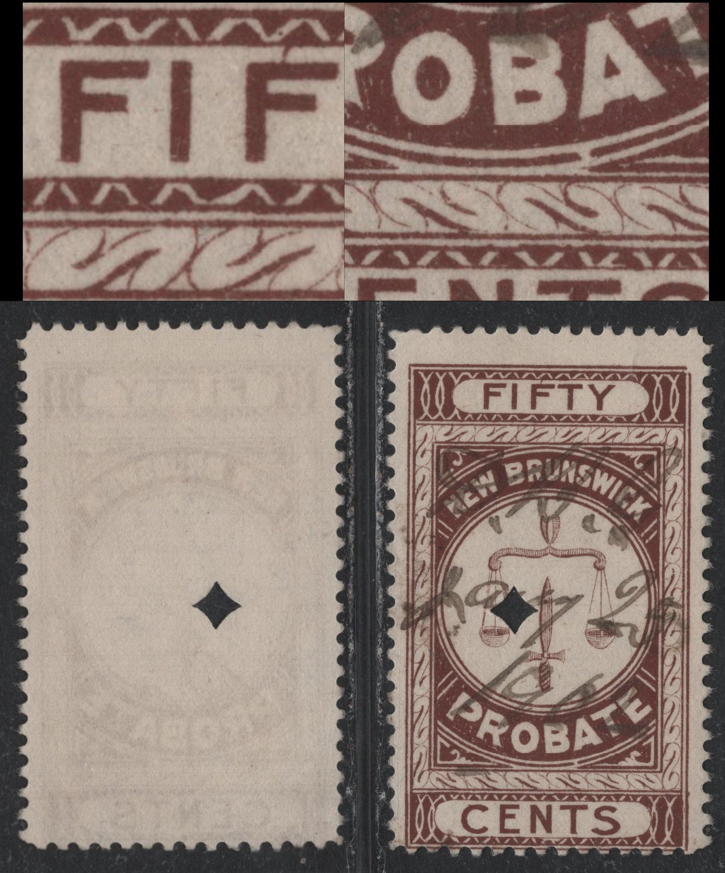 Lot 22 Canada - New Brunswick Van Dam#NBP3var 50c Brown, 1895-1915 First Probate Issue, A Fine Used Single, Perf 11.75, Showing Unlisted Frame Break Below 'BA' Of Probabte & Several F of Fifty Joined To Frame