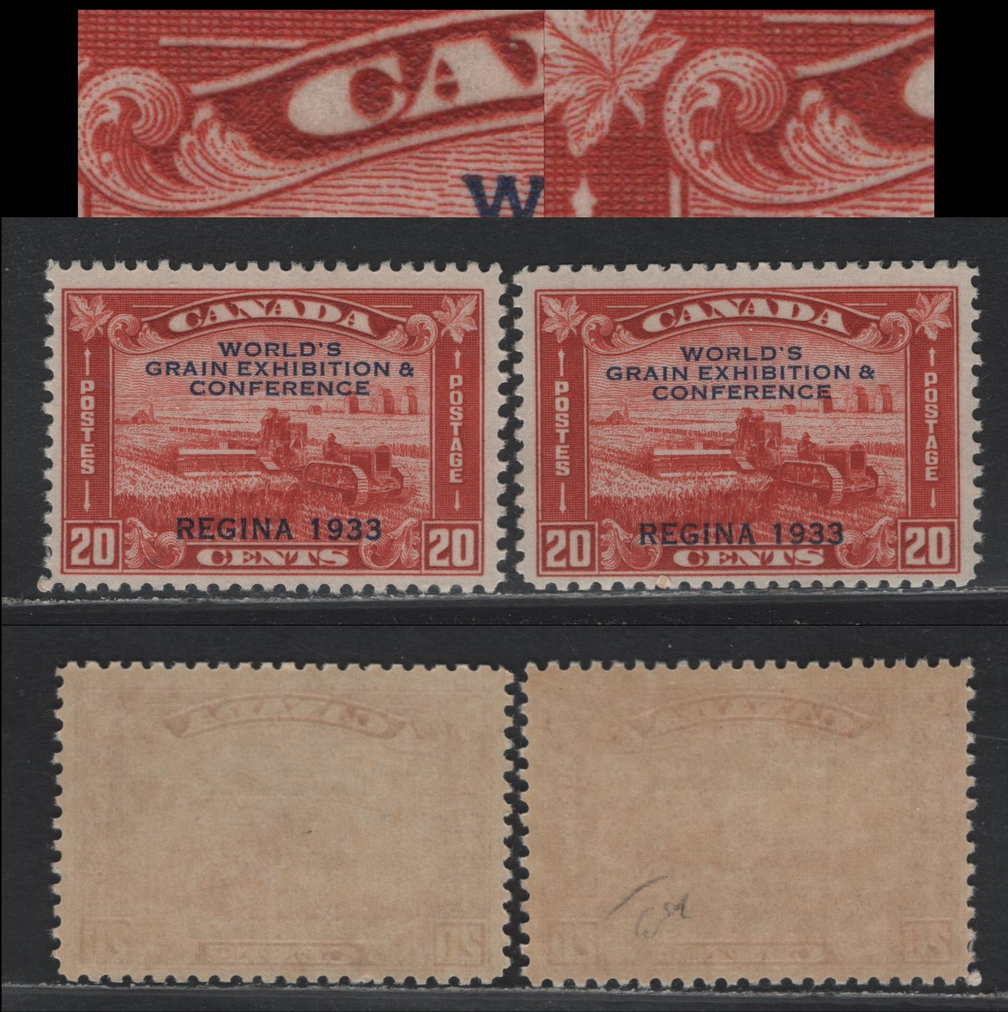 Lot 232 Canada (C) #203var 20c Brownish Vermillion, 1933 Grain Exhibition Issue, 2 FOG Singles, BABN-D Paper, Perf 10.9x10.8, Showing Damaged Cross Bar In G Of Grain, Normal For Comparison.
