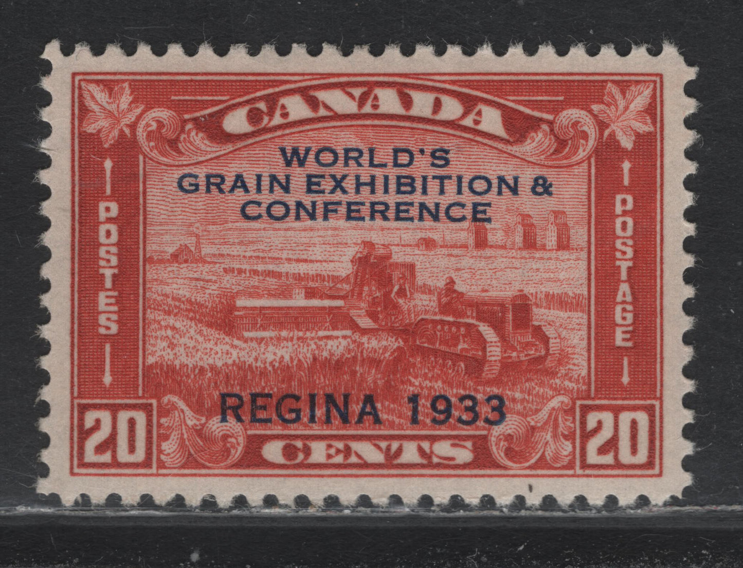 Lot 233 Canada #203 20c Brownish Vermillion, 1933 Grain Exhibition Issue, An XFOG Single, BABN-D Paper, Perf 10.8x10.9, Perfectly Centered Within Balanced, Opposing Margins.