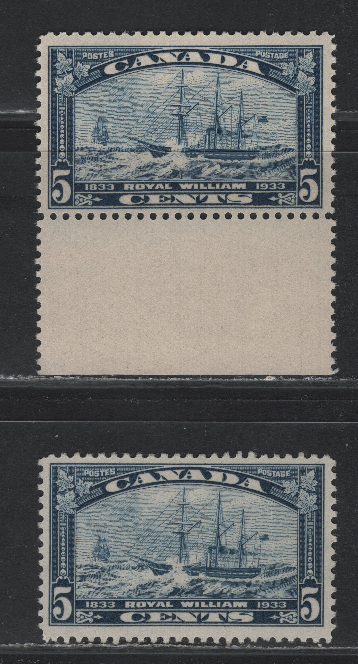 Lot 234 Canada (C) #204 5c Dull Blue, 1933 Royal William Issue, 2 VFNH Singles, BABN-D Paper, Perfs 10.8 & 10.8x10.9