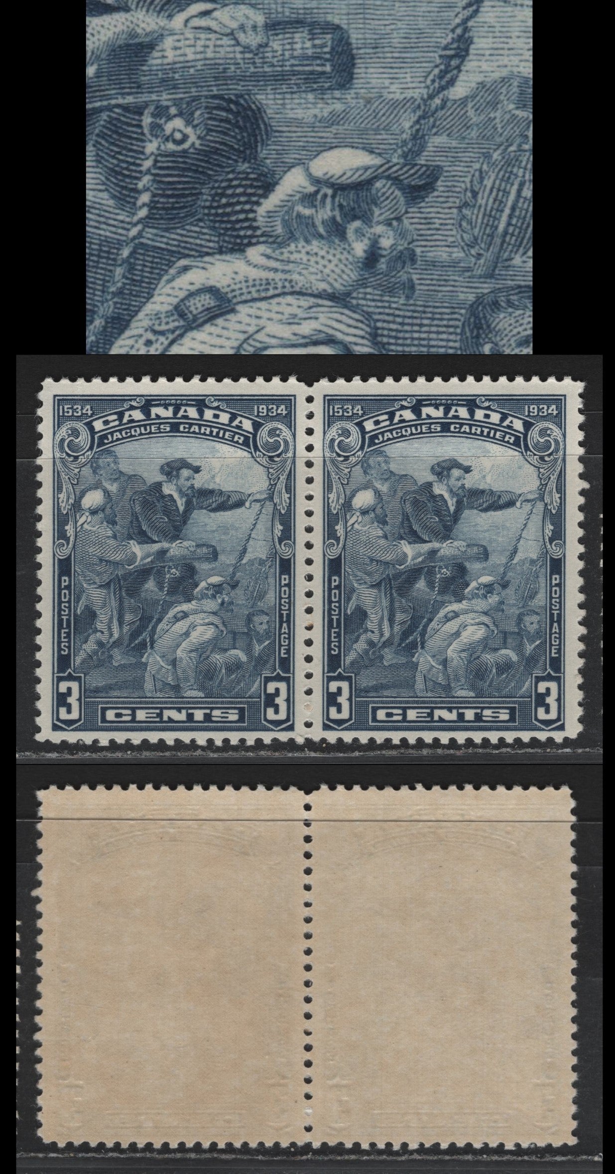 Lot 238 Canada (C) #208ii 3c Dull Blue, 1934 Jacques Cartier Issue, A VFNH Pair, BABN-GG Paper, Perf 10.8x10.85, Scarface Variety On Left Stamp.