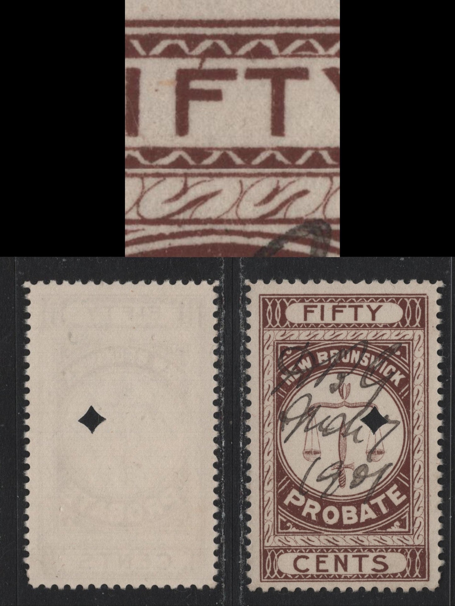 Lot 23 Canada - New Brunswick Van Dam#NBP3 50c Brown, 1895-1915 First Probate Issue, A Very Fine Used Single, Perf 11.75, F of Fifty Joined To Frame
