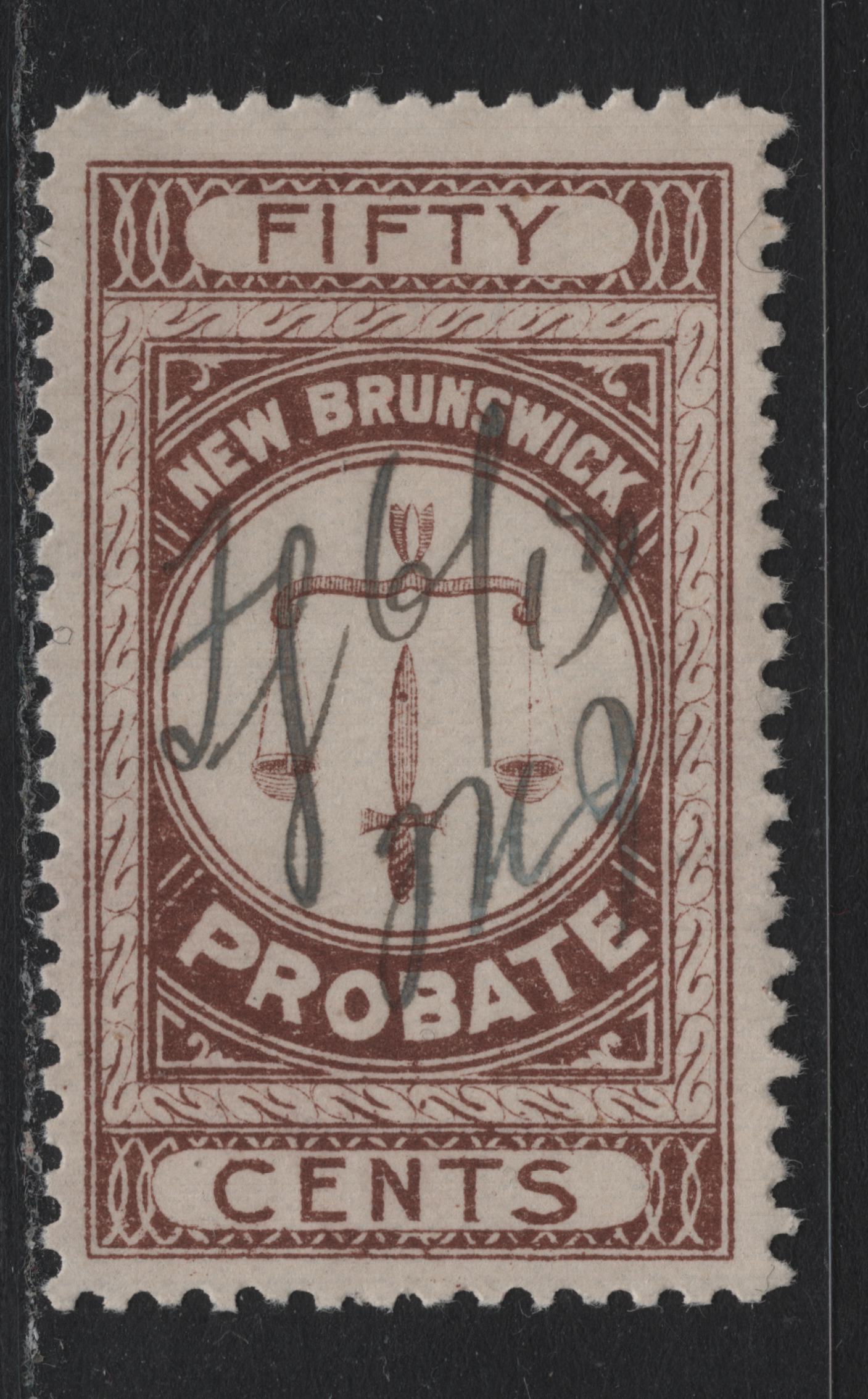 Lot 24 Canada - New Brunswick Van Dam#NBP3 50c Brown, 1895-1915 First Probate Issue, A Very Fine Used Single, Perf 11