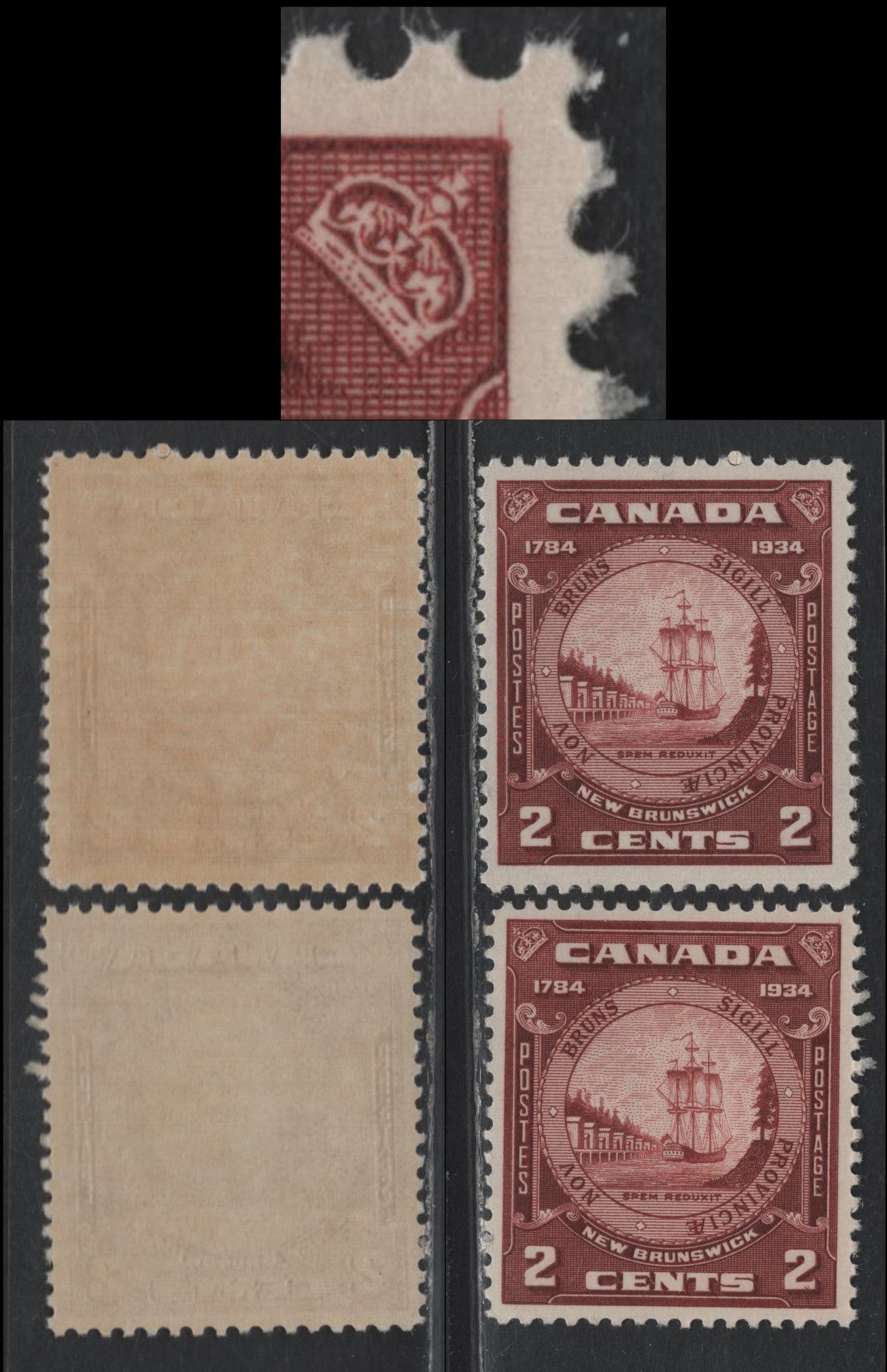 Lot 241 Canada #210 2c Red Brown, 1934 New Brunswick Issue, 2 VFNH Singles, BABN-FF & BABN-HH Papers, Perfs 10.8 & 10.8x10.9
