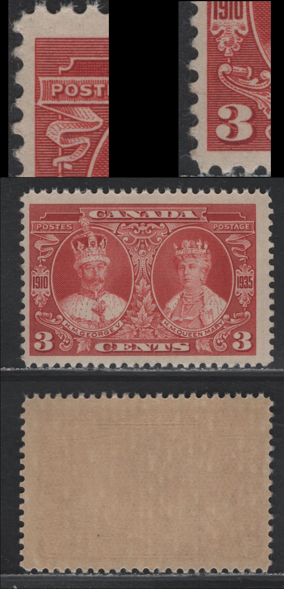 Lot 244 Canada (C) #213var 3c Carmine, 1935 KGV Silver Jubilee Issue, A FNH Single, CBN-WWWWW Paper, Perf 11.9, Showing Extensive Re-Entry Of Left Frameline Where Horizontal Shading Lines Protrate Beyond The Frameline.
