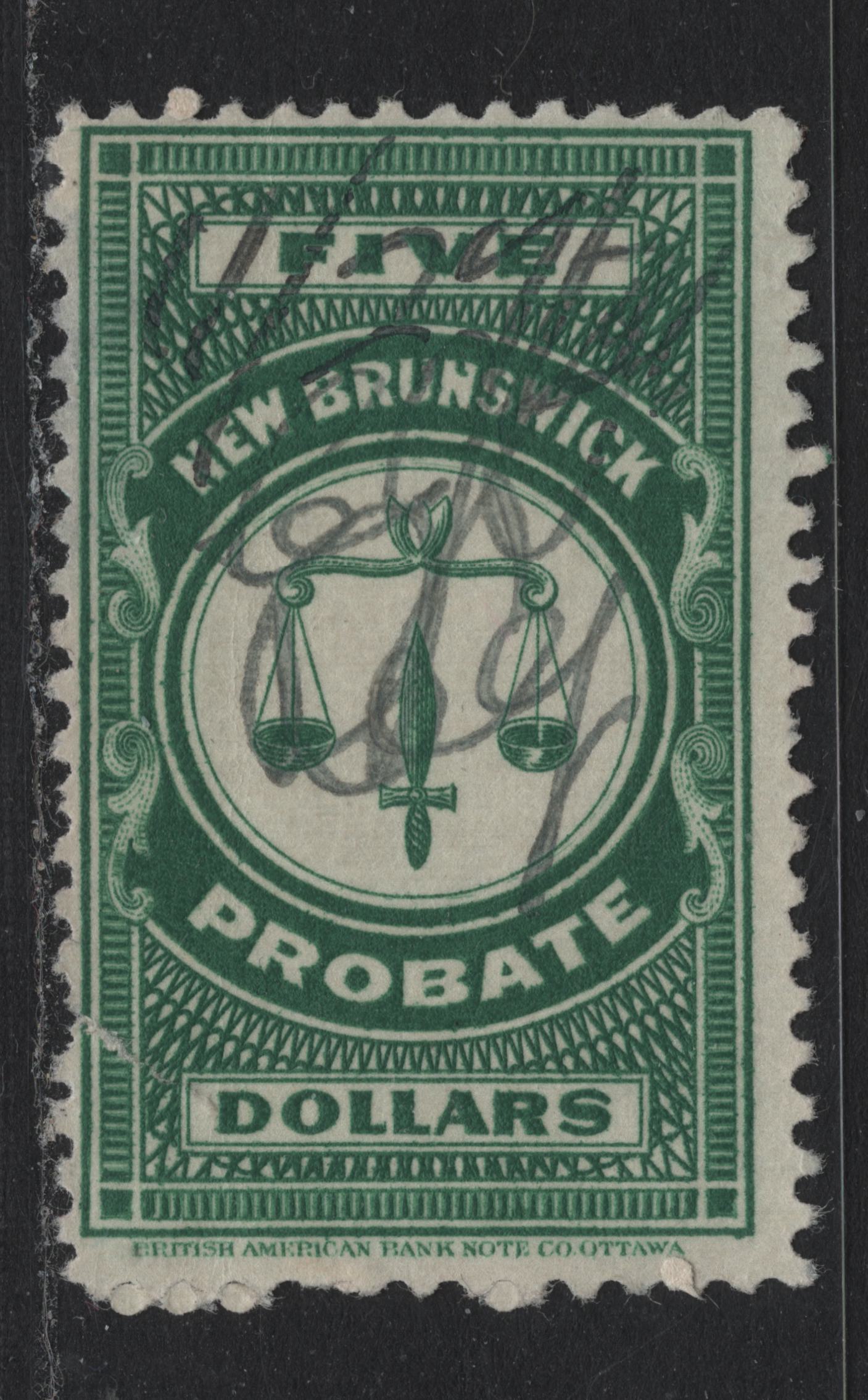 Lot 25 Canada - New Brunswick (C) Van Dam#NBP13 $3 Green, 1925 Engraved Probate Issue, A Good Used Single, Large Tear At LL