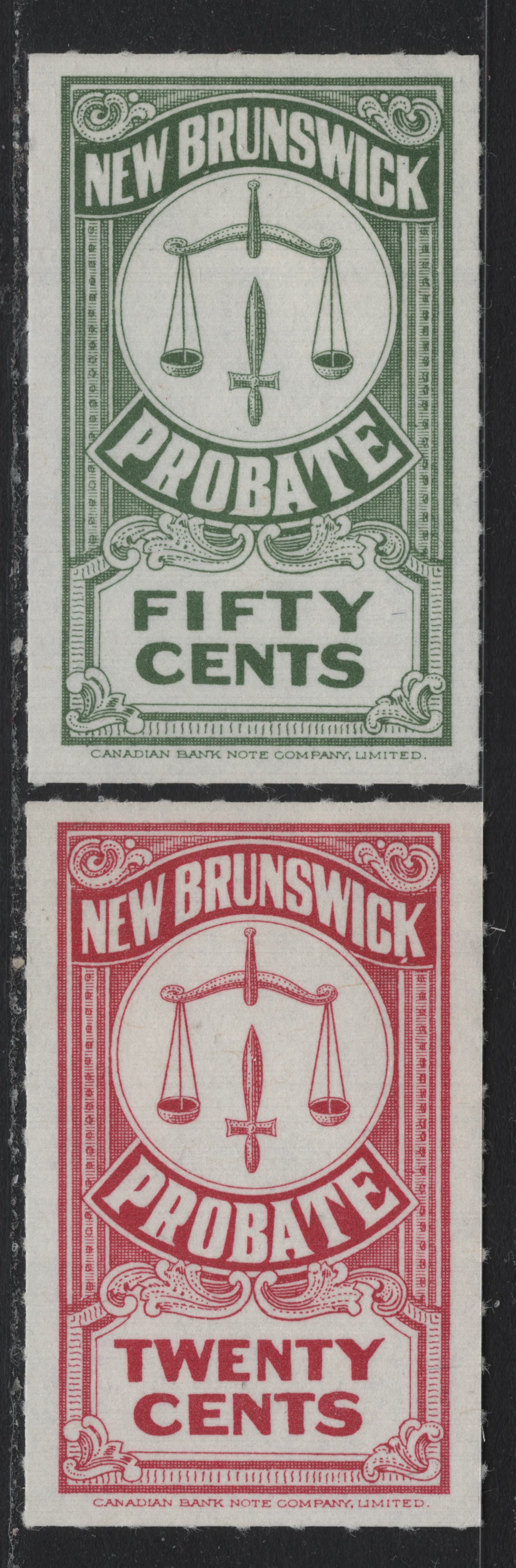 Lot 26 Canada - New Brunswick (C) Van Dam#NBP22-NBP23 20c - 50c Carmine - Green, 1960 Rouletted Probate Issue, 6 VFOG Singles